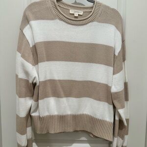 Tan and White Crew Neck Sweater with Stripes